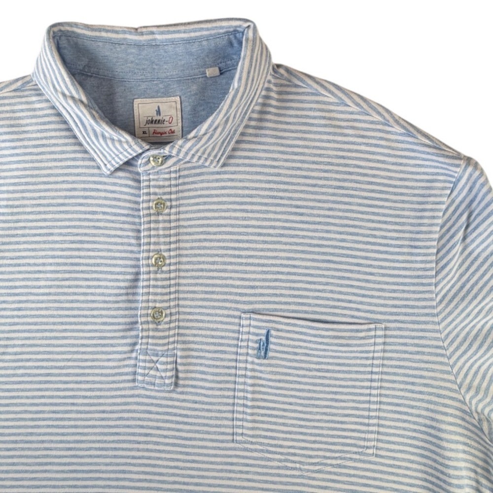 Johnnie-O Hangin Out Mens XL Polo Shirt Blue White Striped Short Sleeve Stretch